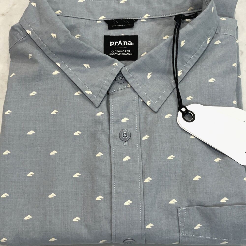 Prana NEW‎ Tinline Shirt XXL Short Sleeve Quarry Cloud Slim Fit Organic Shirt